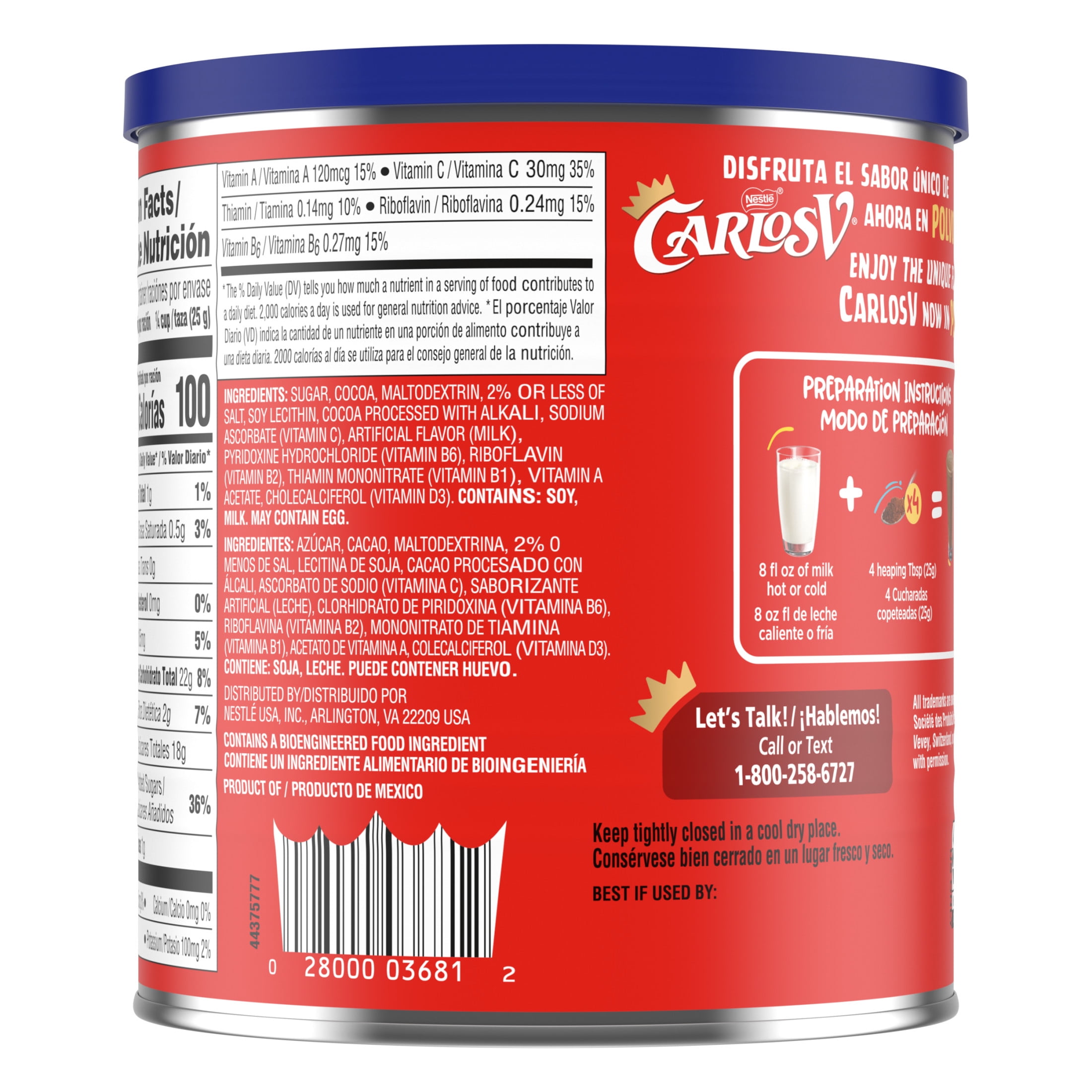 Carlos V Chocolate Flavored Powder Drink Mix, 16 Total Servings 14.1 oz