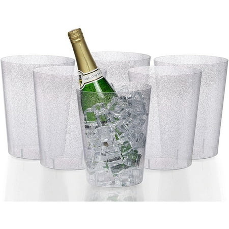 

6 Large Disposable Silver Glitter Plastic Ice Bucket For Parties - Good As a Champagne Or Classic Wine Bottle Chiller - (96 oz)