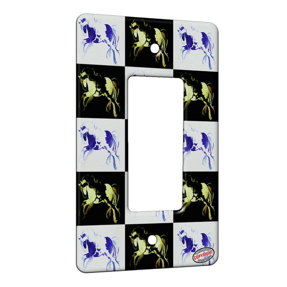 KuzmarK™ 1 Gang Rocker Wall Plate - Prancing Piebald Gypsy Vanner Stallion in Purple and Blue Abstract Horse Pattern Art by Denise Every