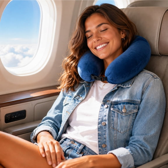 Blue Travel Neck U-shaped Pillow, Airplane Pillow With Adjustable Strap for Neck and Head Support Soft Portable U Shape Neck Pillow for Plane, Car & Home Office Use