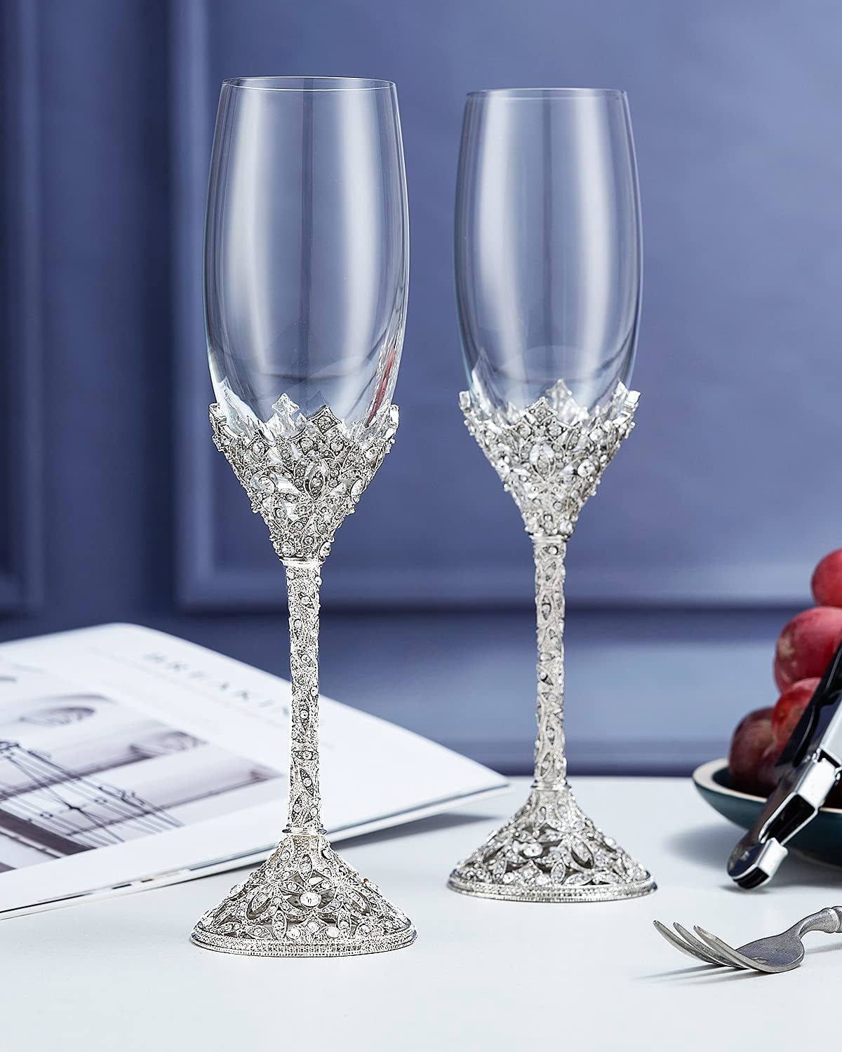 Champagne Flutes - Crystal Glass Metal Base With Crystal Stones, Set of 2 Toasting Flute Pair, Wedding Anniversary Party Birthday Banquets and Gifts for Bride and Groom7oz