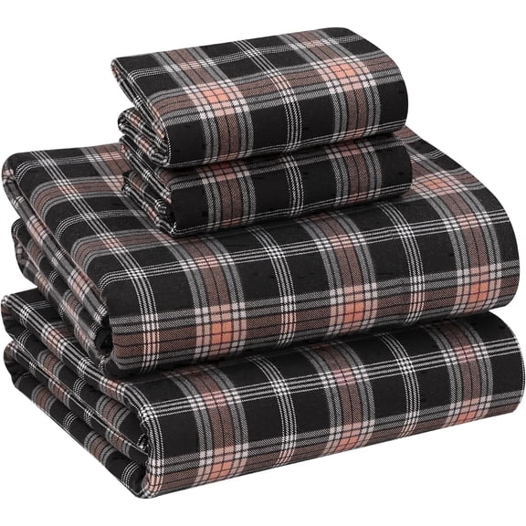 Ruvanti Flannel Sheets Queen Size - 100% Cotton Brushed Bed Sheet Sets - Deep Pockets 16 inches (Fits up to 18") - All Seasons Breathable & Super Soft - Warm & Cozy - 4Pcs - Peach & Black Plaid