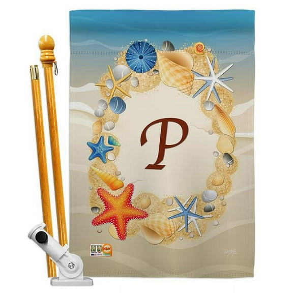 Breeze Decor BD-BN-HS-130159-IP-BO-D-US14-BD 28 x 40 in. Summer C Initial Coastal Beach Impressions Decorative Vertical Double Sided House Flag Set & Pole Bracket Hardware