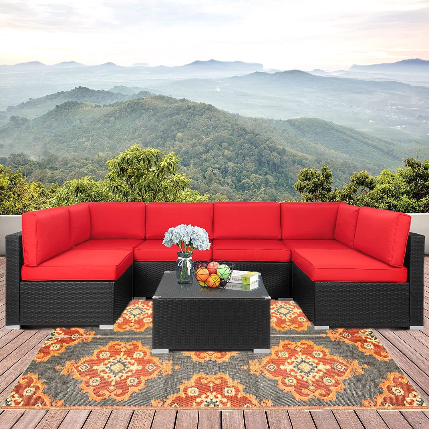 BalajeesUSA Outdoor Plastic Straw Patio Rugs 6x9 ft Orange, Yellow, Grey, Black Reversible Mats Waterproof