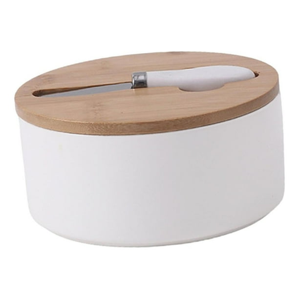 Mantequera redonda de cerámica con tapa para refrigerador. Para todo tipo de mantequilla. Blanco