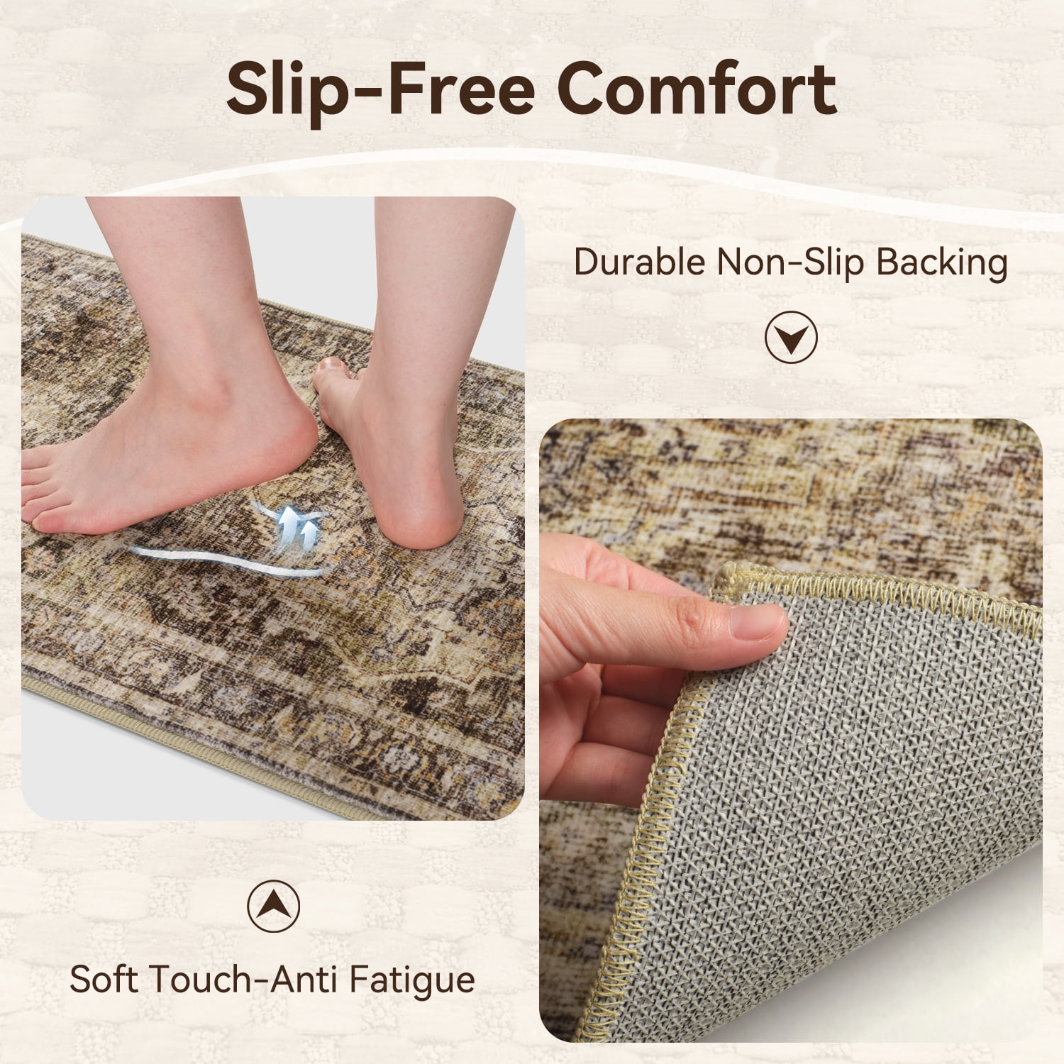 SIXHOME 3-Piece Kitchen Rugs and Runner Set Washable Vintage Kitchen Mat Non-Slip Low-Profile Rugs for Kitchen Sink Laundry Bedside 20"x32"+20"x48"+20"x59" Brown