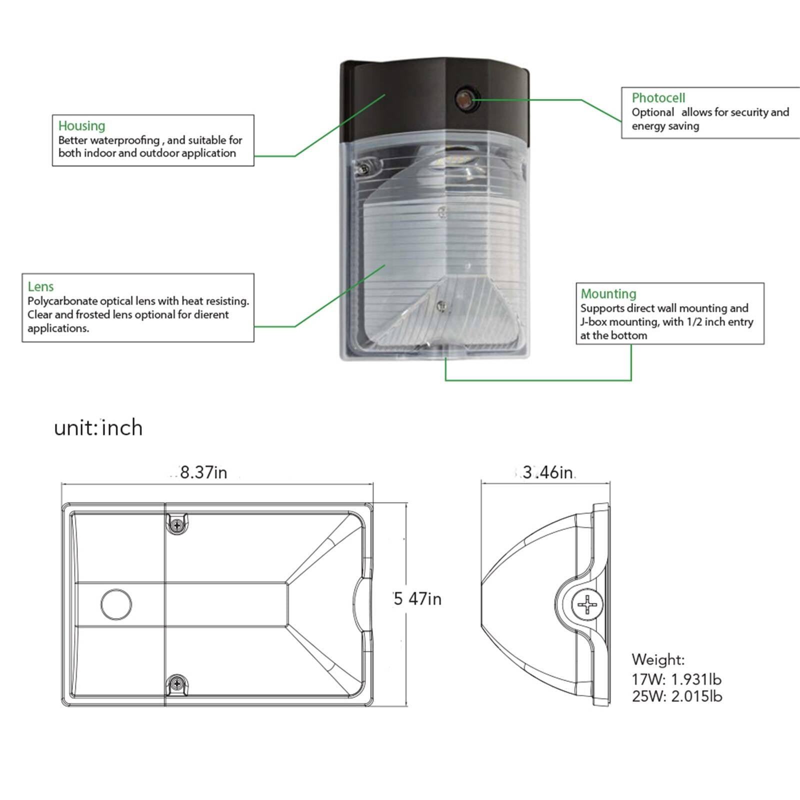 Chiuer 25W Dusk to Dawn Outdoor Wall Light 4000K 120-277V 2550 Lumens