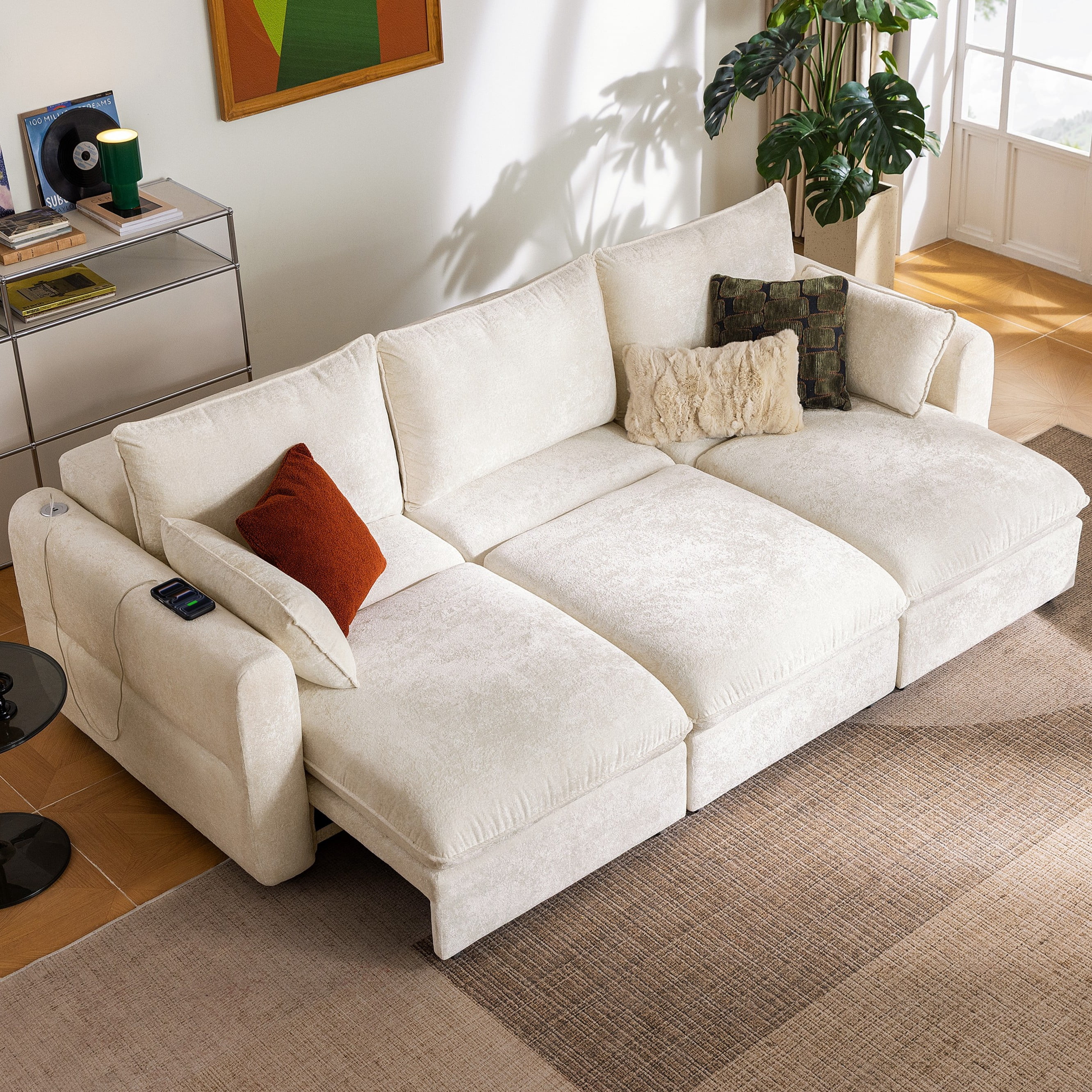 CHIC HOUSE 104" Electric Extendable Sofa Bed with Triple Motor, Convertible Smart Power Reclining Sleeper Sofa Deep Seat 3-Seat Couch with Solid Wood Frame in Velvet, Beige