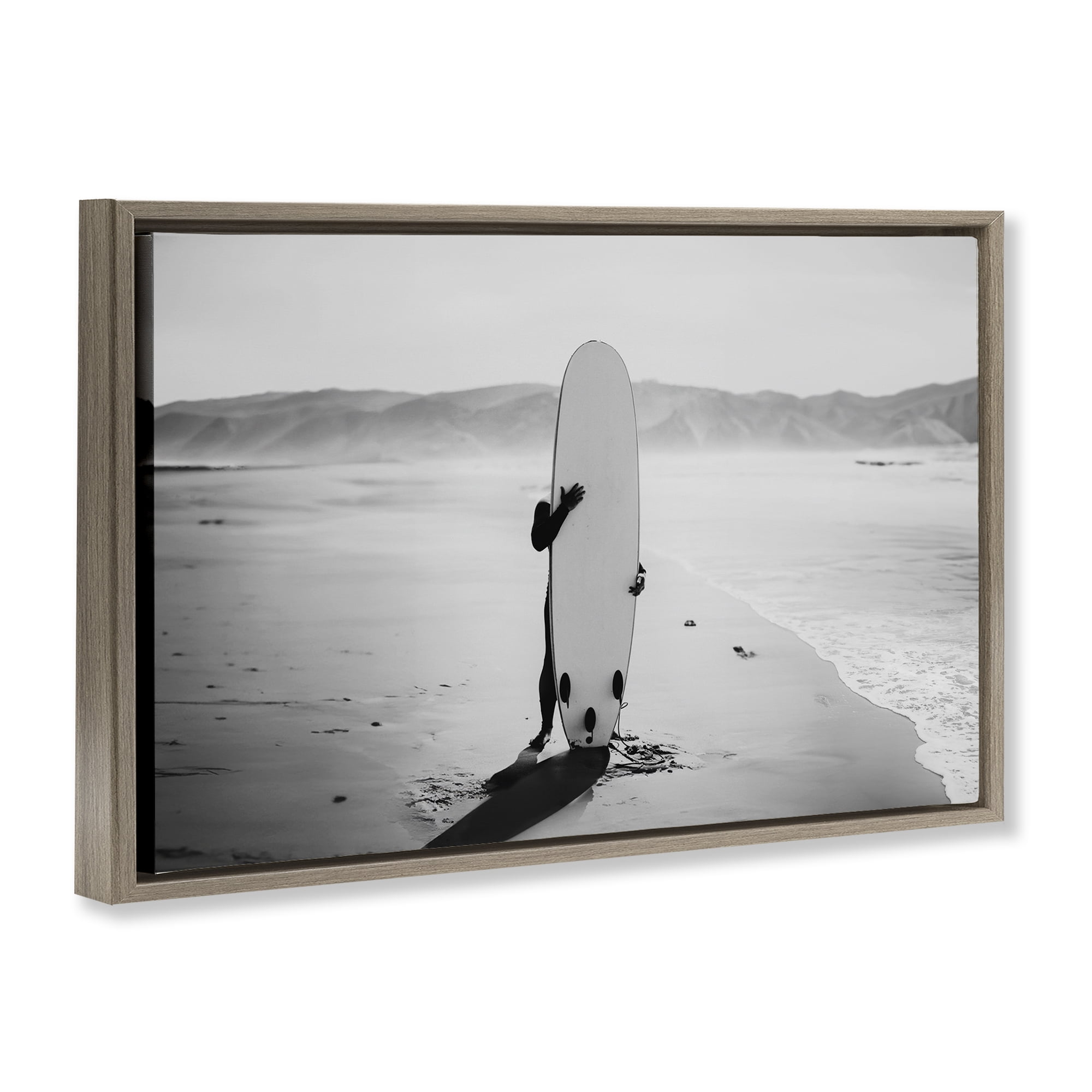 Stupell Industries Hiding with Surfboard Sports Photography Brown Floater Framed Canvas Art Print Wall Art, 25 x 17