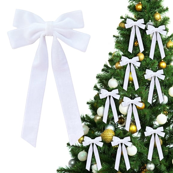 PPKVUFD 10 Pcs Velvet Christmas Tree Bows Door Garland Decor Vintage Wreath Bow for Tree Home Party Front Door Wreath Holiday Decor (White,1'' Wide, 5 x 10 inch)