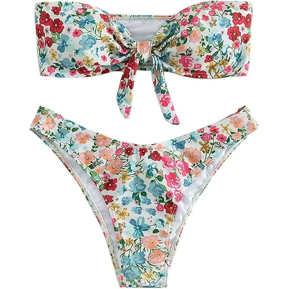 Women Tube Top Bikini Cute Floral Bandeau Swimsuits High Waisted High Rise Bikini Sets 2 Pieces Bikinis