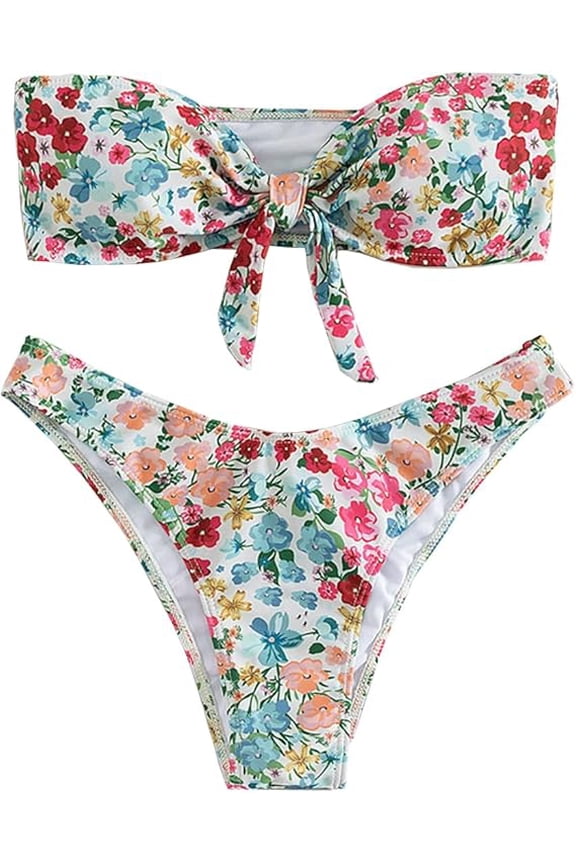 Women Tube Top Bikini Cute Floral Bandeau Swimsuits High Waisted High Rise Bikini Sets 2 Pieces Bikinis