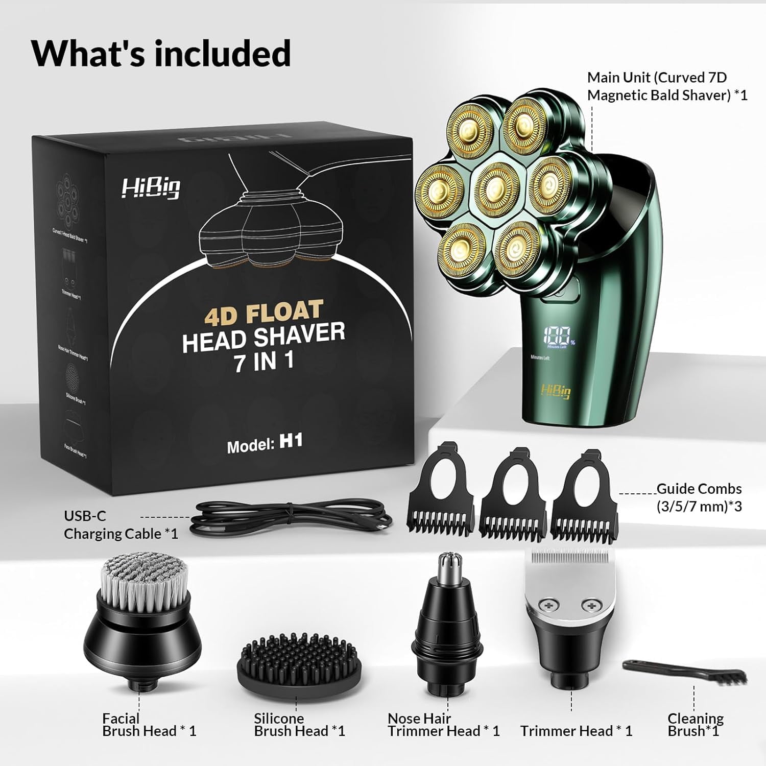 Head Shavers for Bald Men - 7D Arc Electric Razor with Magnetic Detachable Head, Waterproof Wet Dry 5-in-1 Electric Shaving & Grooming Kit, LED Display Head & Body Hair Shaver, Dark Green