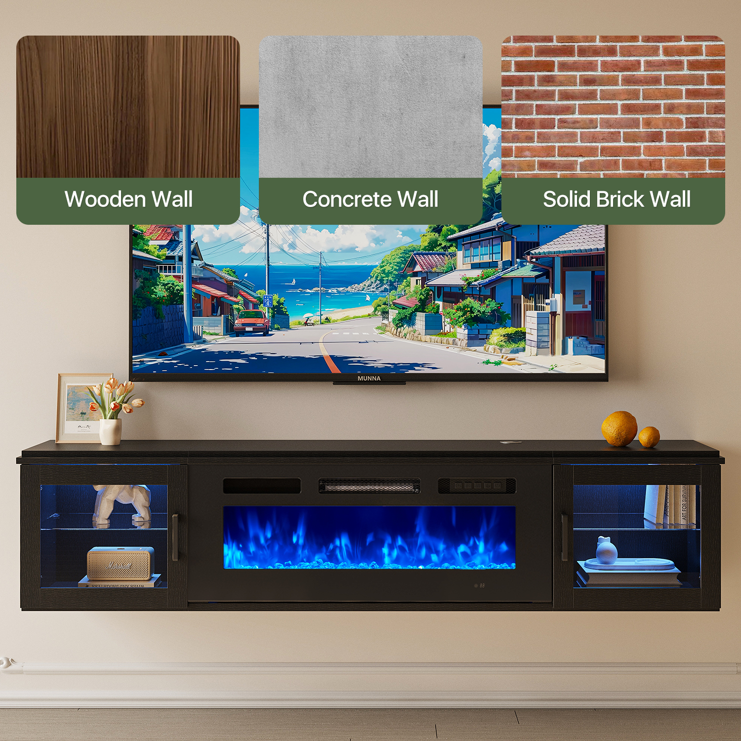 BaPiPro 70" Floating Fireplace TV Stand for TVs up to 80", Wall Mounted Entertainment Center with Media Storage, Console Table with 36" Electric Fireplace, Modern Black