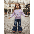 thumbnail image 6 of Miaouyo Toddler Baby Girl Fall Spring Outfits 6 12 18 24 Months 2T 3T Crochet Flower Long Sleeve Round Neck Pullover + Elastic Waist Denim Flare Pants Set, 6 of 9
