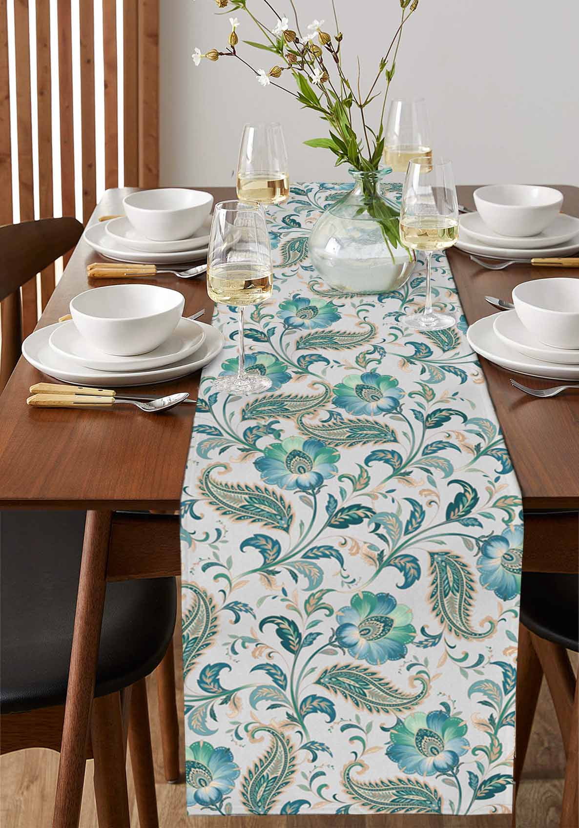 Teal Paisley Floral Table Runner 48 Inches, Boho Ethnic Tribe Traditional Bed Runner Dresser Scarves Tabletop for Indoor Outdoor Parties/Ceremony/Banquet, 13" x 48"