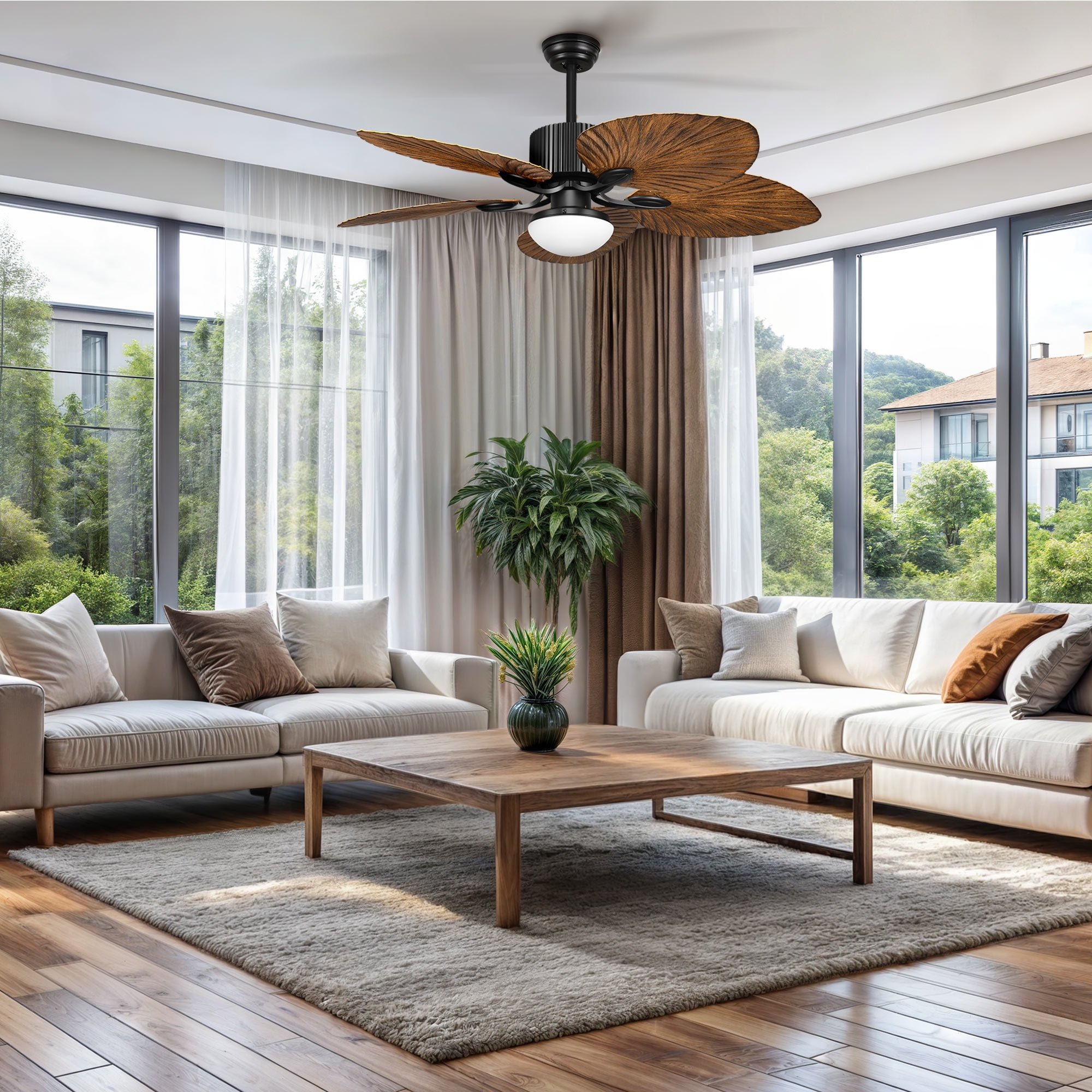 Uforic 52-Inch Tropical Ceiling Fan with LED Light and Remote,5 Palm Leaf Blades ceiling fan - Brown