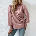 thumbnail image 5 of XFLWAM Women's Satin Silky Cowl Neck Tops Draped Wrap V Neck Ruched Front Long Sleeve Blouse Solid Color Shirt with Smocked Cuff Pink S, 5 of 7