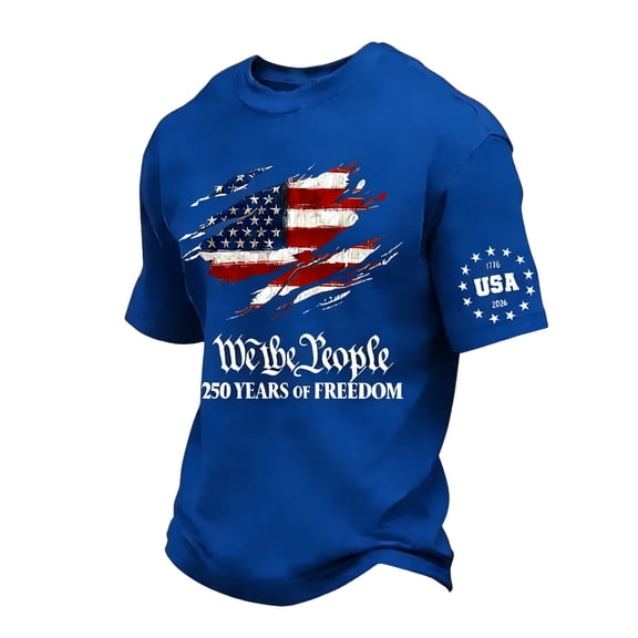 BOMYJESK Mens 250 Anniversary USA Shirt 1776-2026 Patriotic T-Shirt USA Flag Freedom Shirt Plus Size 4th July Summer Top Blue S