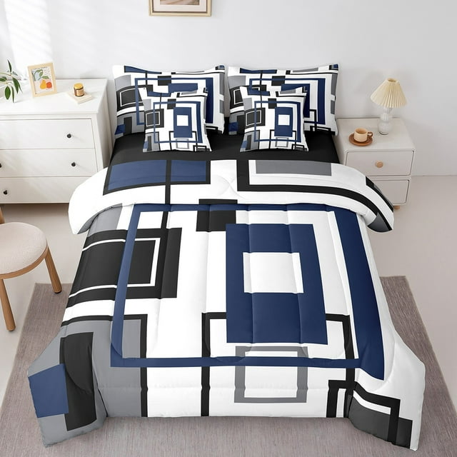 YST Navy Blue Square Comforter Set For Teen Boys King Lack White Grey Geometric 7 Piece Bed In A Bag Geometry Striped Bedding Set For Kids Men,Abstract Line Grids Bed Set