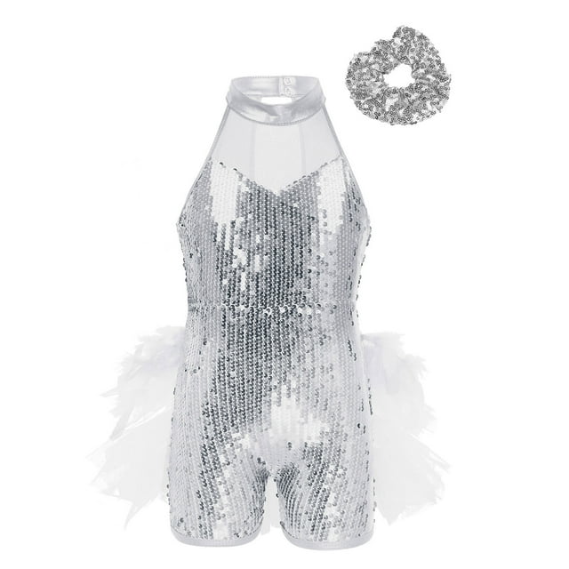 Miutii Justaucorps Sans Manches à Paillettes pour Filles, Jazz, Hip Hop, Performance, Blanc 6