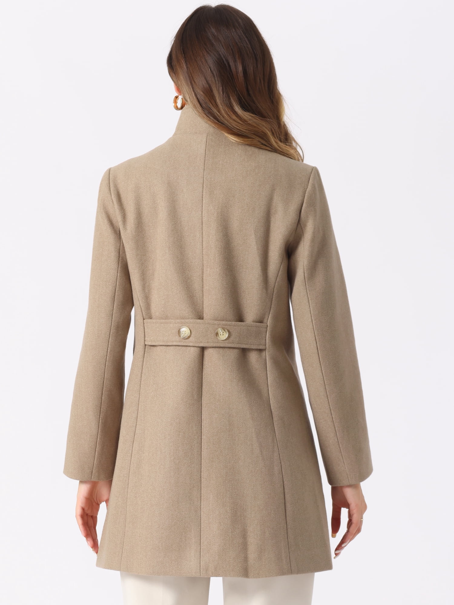 DARING DIVA Women's Winter Trench Casual Stand Collar Pea Double Breasted Overcoat M Brown