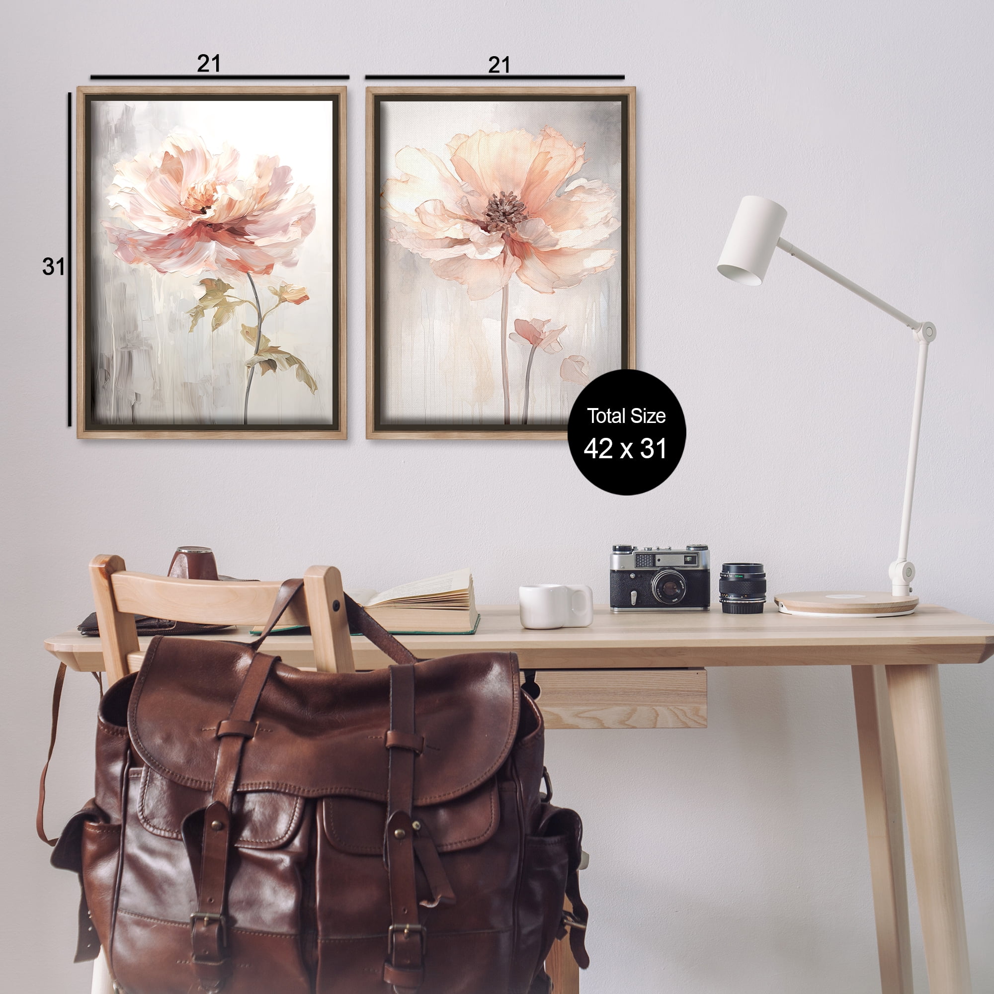 Stupell Industries Soft Pink Budding Flowers Plants & Flowers Painting Brown Floater Framed Canvas Art Print Wall Art, 21 x 31, Set of 2