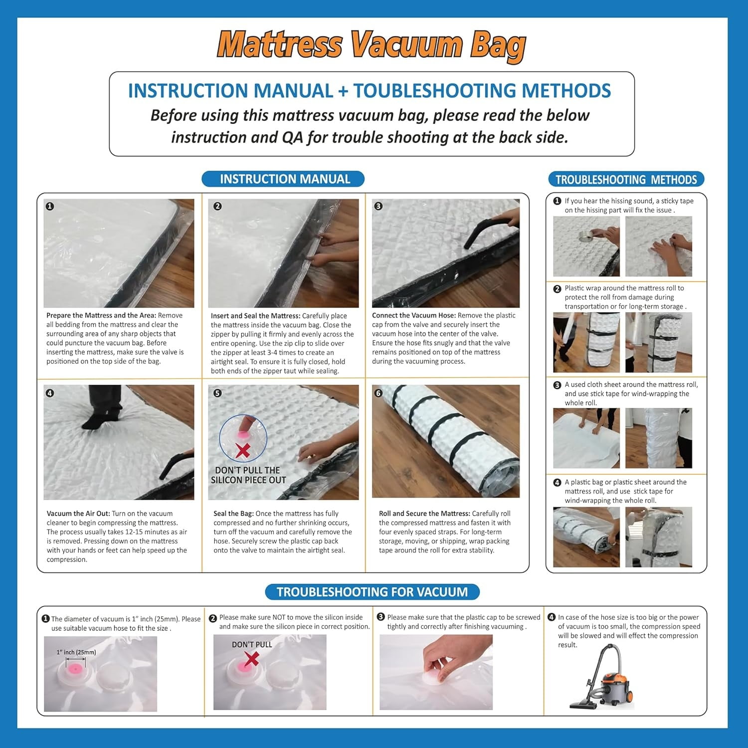 Queen/Full/Full-XL Foam Mattress Vacuum Bag for Moving, Vacuum Seal Mattress Bag with Straps