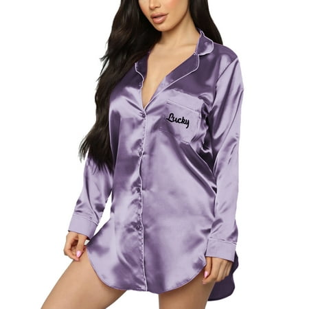 

SSPalu Women Nightrobe Letter Embroidery Turn-Down Collar Long Sleeve Homewear