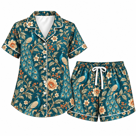 MERIVANE Peacock All-over Print Satin Pajama Set Short-Sleeve, Teal Floral Two Piece Sleepwear