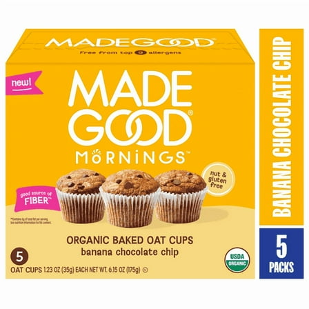 MadeGood Mornings Organic Chocolate Banana Baked Oat Cups, 5 Count, 1.23oz