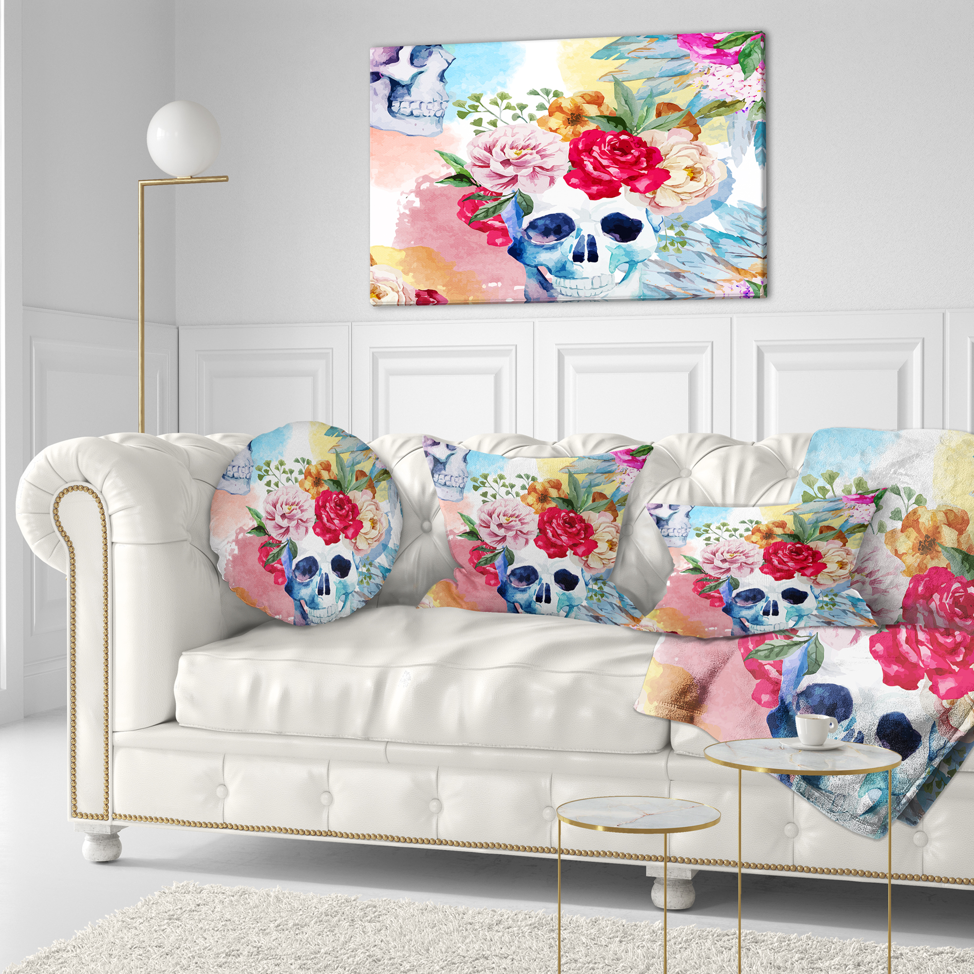 Designart Ethnic Skull with Flowers - Floral Throw Pillow - 12x20