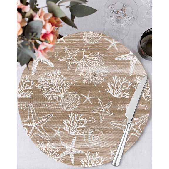 13 Inch Round Placemats Set of 4, Brown Coastal Non Slip Heat Insulation PP Table Mats, Summer Beach Nautical Starfish Coral Vintage Washable Place Mats for Kitchen Dining Party Table Decor