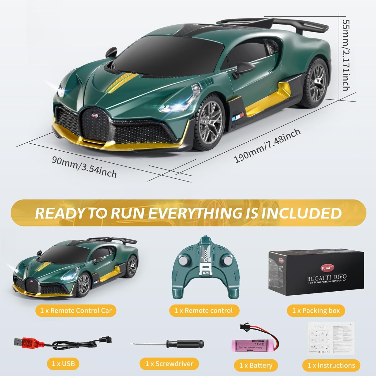 Miebely 1/24 Scale Fast RC Race Car, Bugatti Divo Model, Birthday Gift for Kids