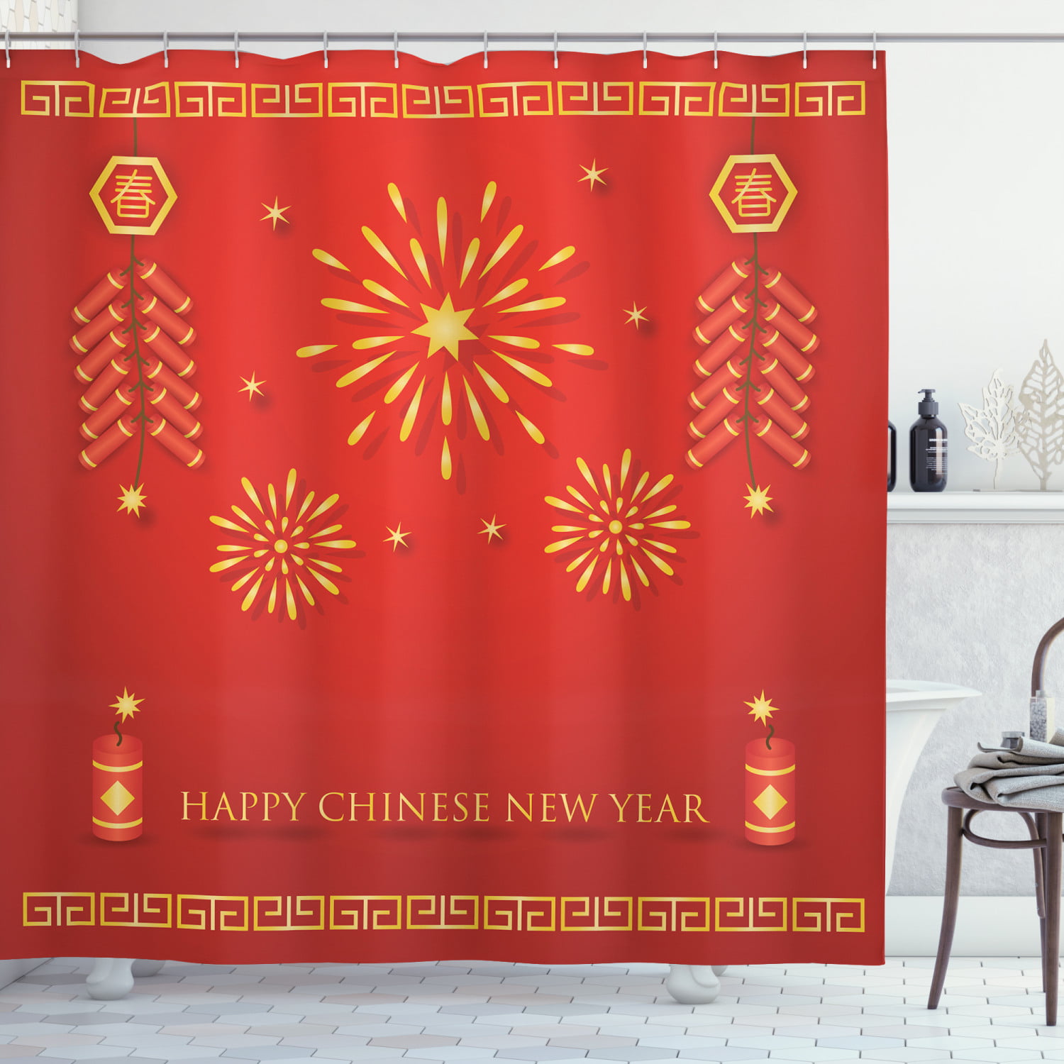 Polyester Fabric Shower Curtain Bath Set Chinese New Year Spring Red Firecracker 