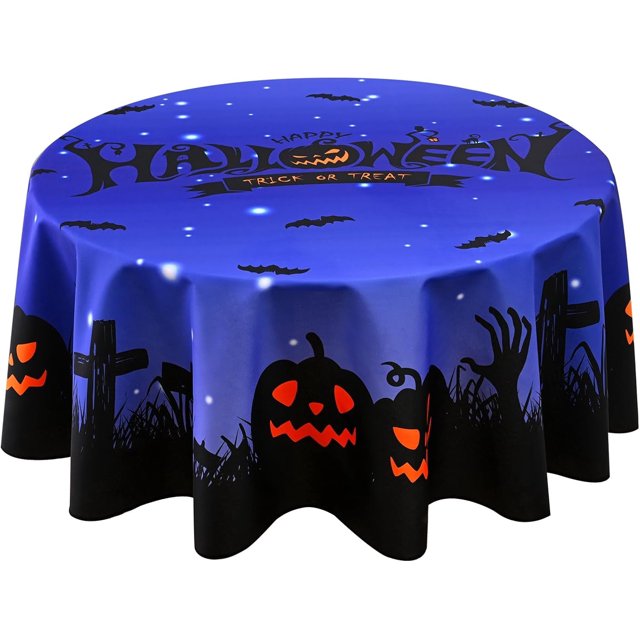 Nappe Ronde d'Halloween 60 Pouces, Imperméable, Anti-Taches, Anti-Éclaboussures, Résistante aux Plis, Lavable en Polyester, Nappe Citrouille Effrayante pour Décorations de Fête d'Halloween