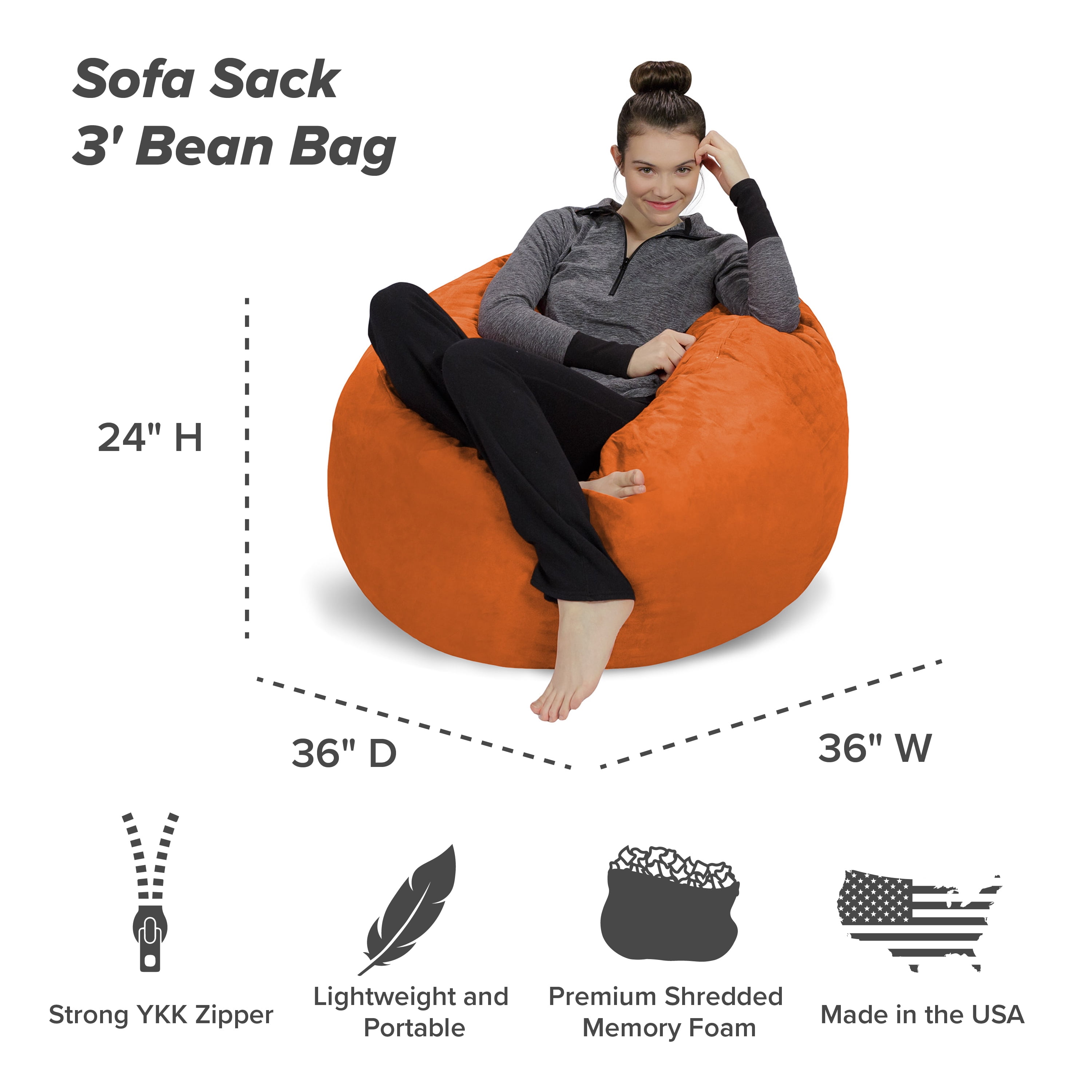 Sofa Sack Bean Bag Chair, Memory Foam Lounger with Microsuede Cover, Kids, 3 ft, Tangerine