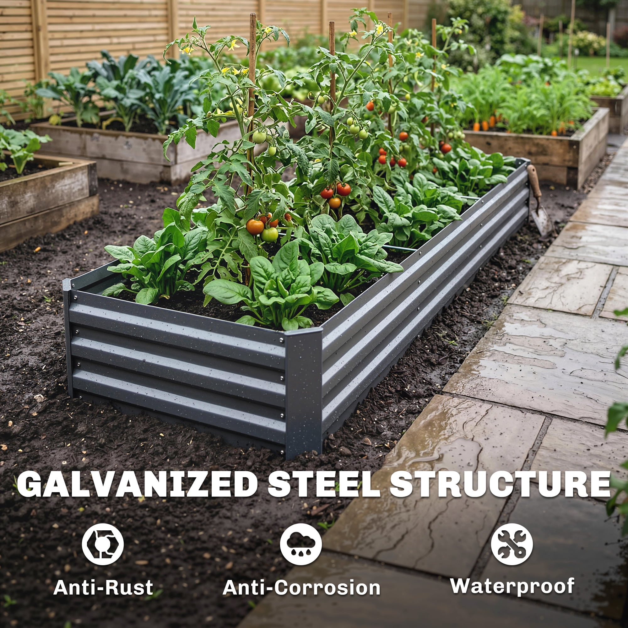 Outsunny 8x2x1ft Galvanized Raised Garden Bed Kit, Large Outdoor Metal Elevated Planter Box with Safety Edging for Flowers, Vegetables, Dark Gray
