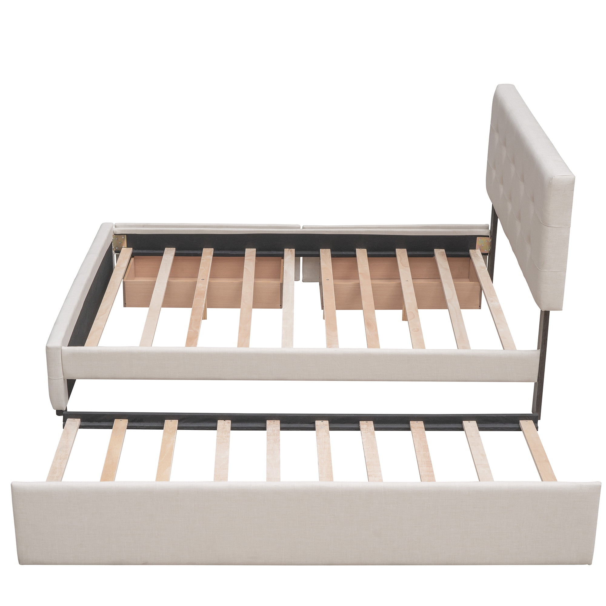 Aukfa Queen Upholstered Platform Bed with Twin XL Trundle and 2 Storage Drawers, Linen Fabric Tufted Headboard & Footboard, Beige
