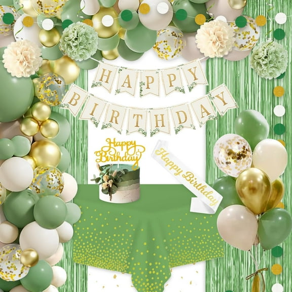 Green Birthday Decorations, Sage Green Gold Party Decor with Balloons, Banner, Sash, Tablecloth, Fringe Curtain, Tassels, Cake Topper, Pom Pom Flowers