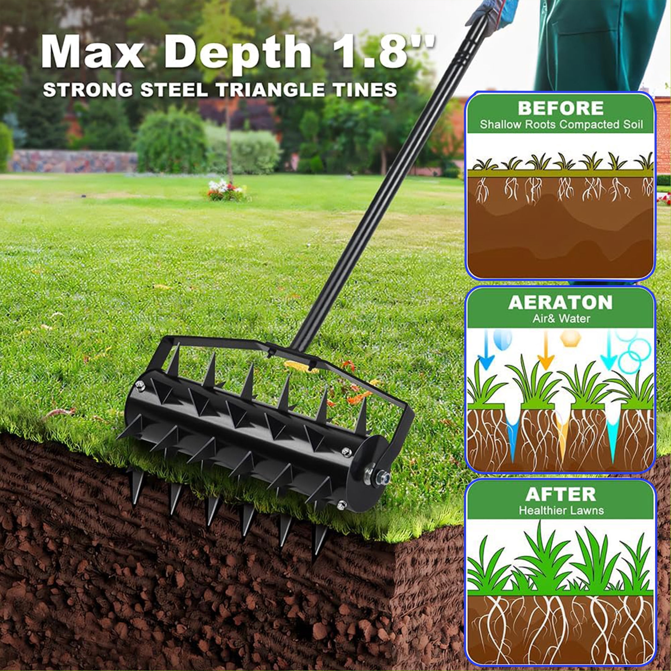 GDF Studio Heavy Duty Lawn Aerator Tool with Soil Penetrator Spikes, Manual Yard Aerator, Black