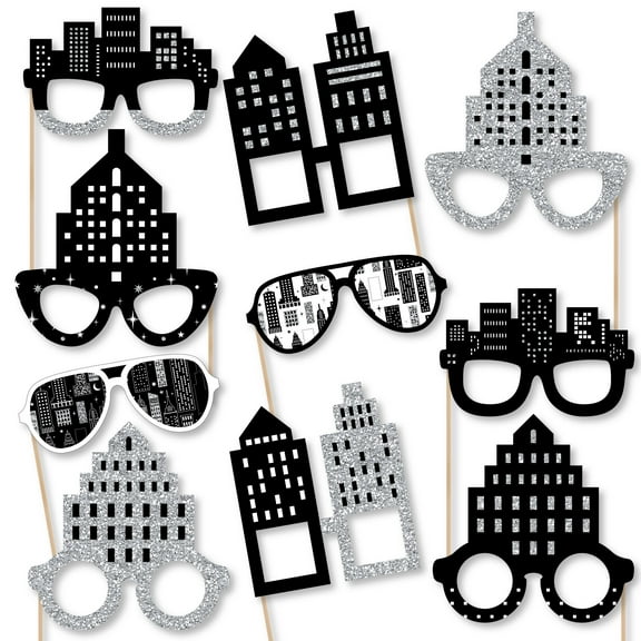 Big Dot of Happiness Nighttime City Skyline Glasses - Paper Card Stock New York Party Photo Booth Props Kit - 10 Count