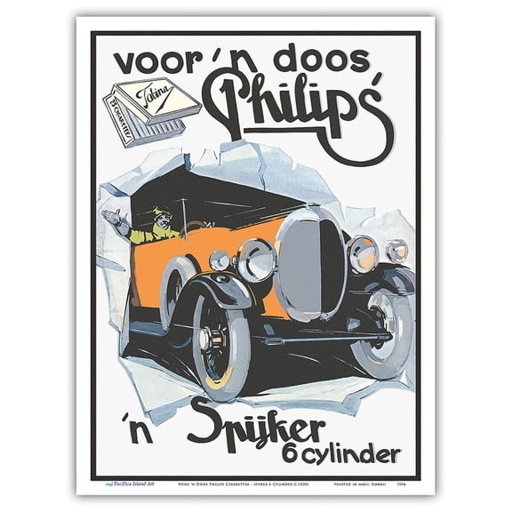 For 'a Box (Voor 'n Doos) Philips Cigarettes - Spyker 6 Cylinder Sports Car - Vintage Advertising Poster c.1920s - Master Art Print (Unframed) 9in x 12in