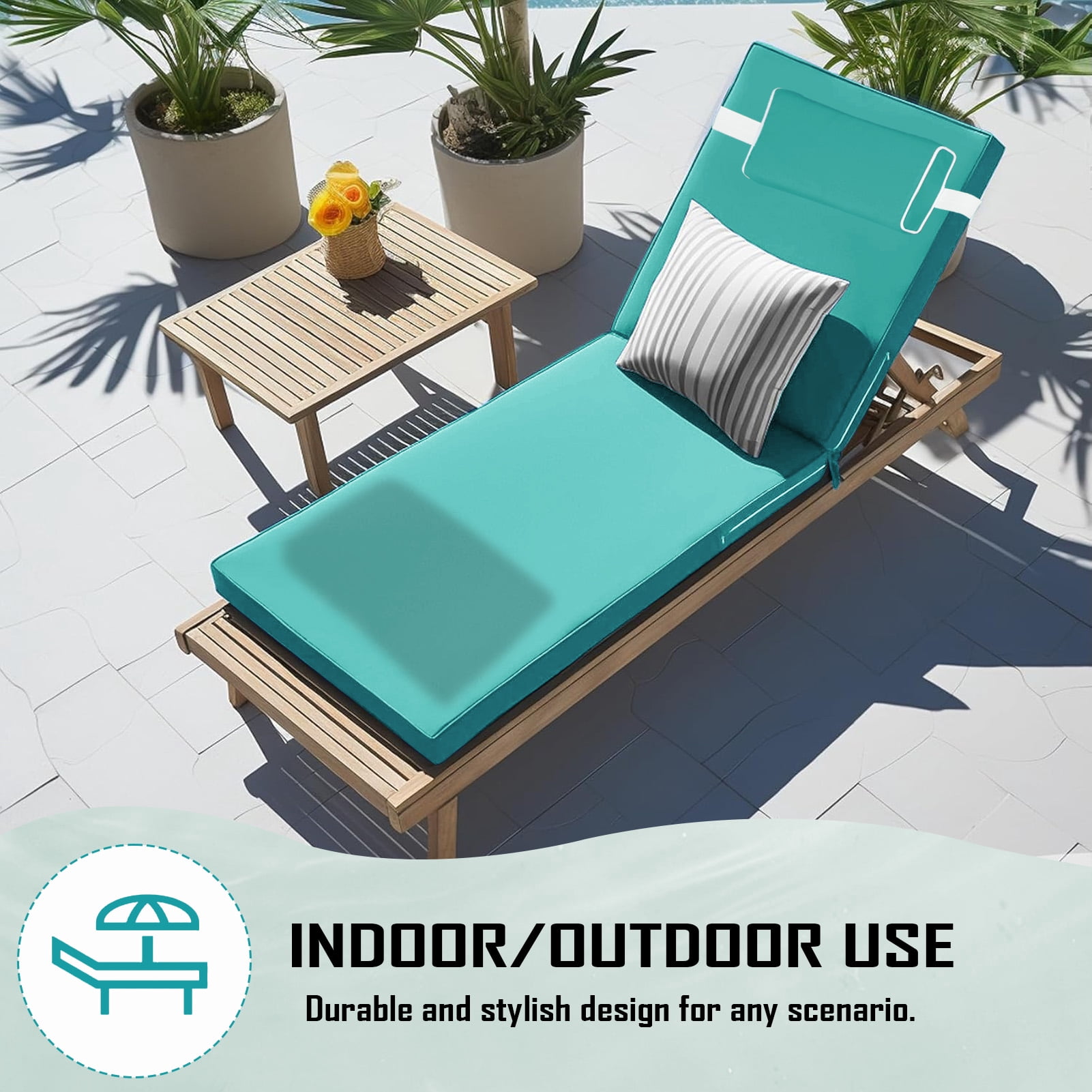 Outdoor Chaise Lounge Cushion with Adjustable Headrest and Straps