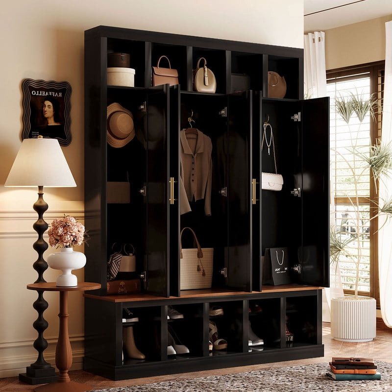 Modern Entryway Storage Cabinet with Shoe Racks & Cubbies, Coat Closet Large Hall Tree with Shoe Bench & Hooks