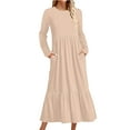 thumbnail image 2 of cfhntfmh Flowy Dresses for Women Fall Casual Round Neck Loose Tiered Midi Dress Lounge Long Sleeve Pleated Dress with Pockets, 2 of 6