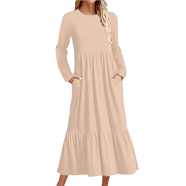 cfhntfmh Robes Fluides pour Femmes Automne Décontracté Col Rond Robe Midi Ample Manches Longues Plissée avec Poches