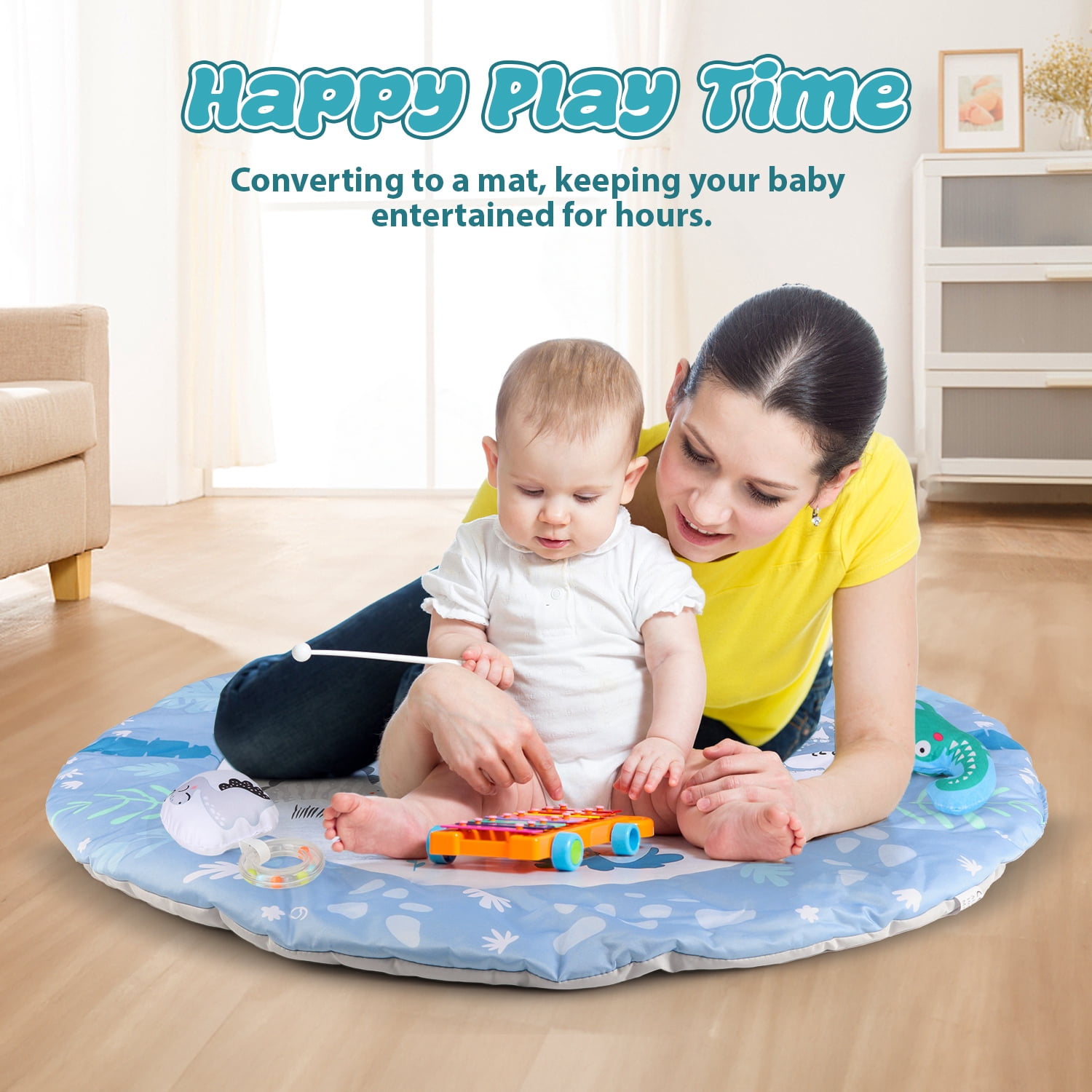 Freecat Dinosaur Baby Play Mat with Hanging Dinosaur Toys, 0-12 Months Baby Play Gym Activity Mat.