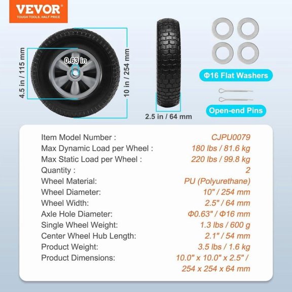 VEVOR Solid PU Run-Flat Tire Wheel, 10", 2-Pack, 180 lbs Dynamic Load, 220 lbs Static Load, Flat Free Tubeless Tires and Wheels for Hand Truck, Utility Cart, Dollies, Garden Trailers, Various Carts