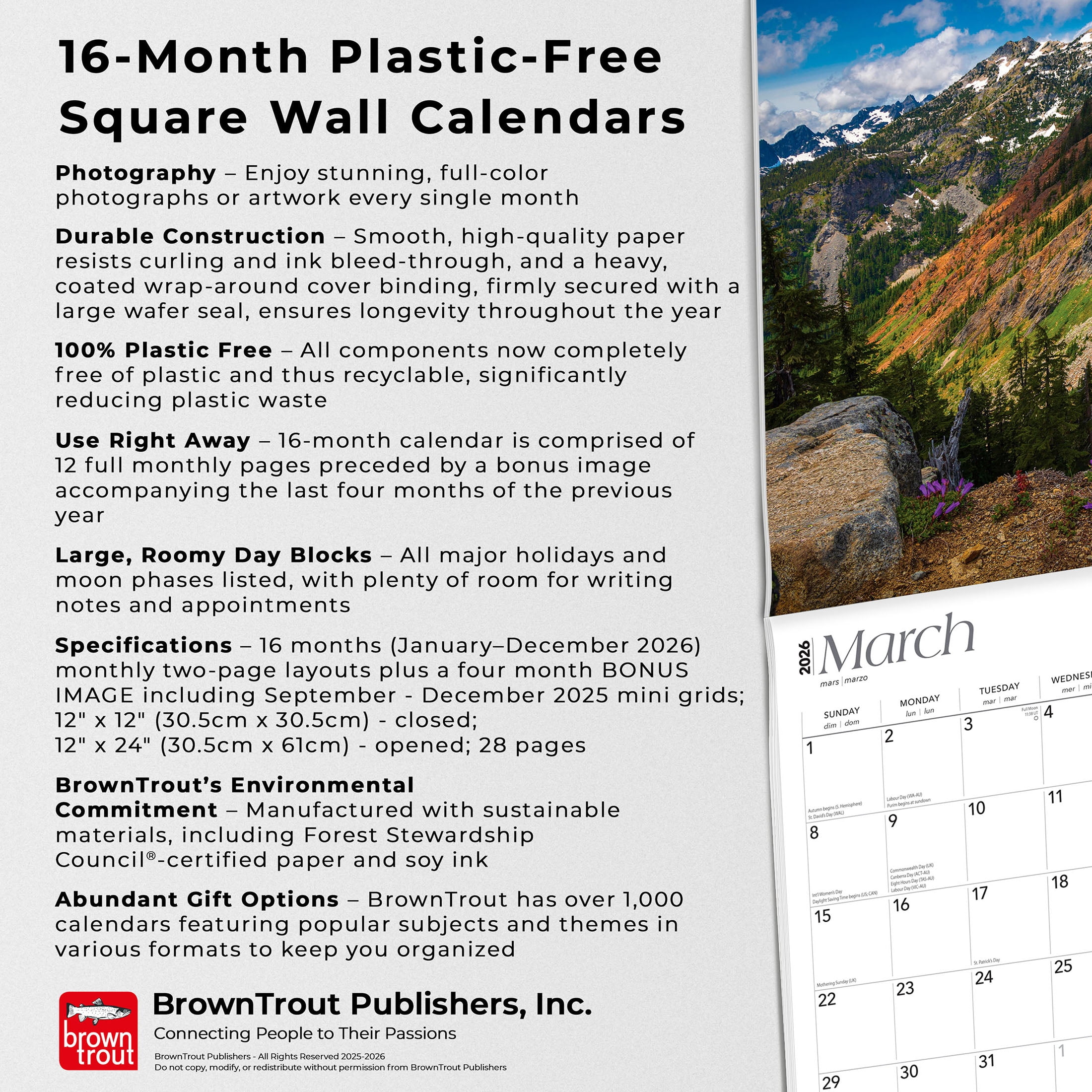 Washington Wild & Scenic | 2026 12x24" (Hanging) Wall Calendar | BrownTrout